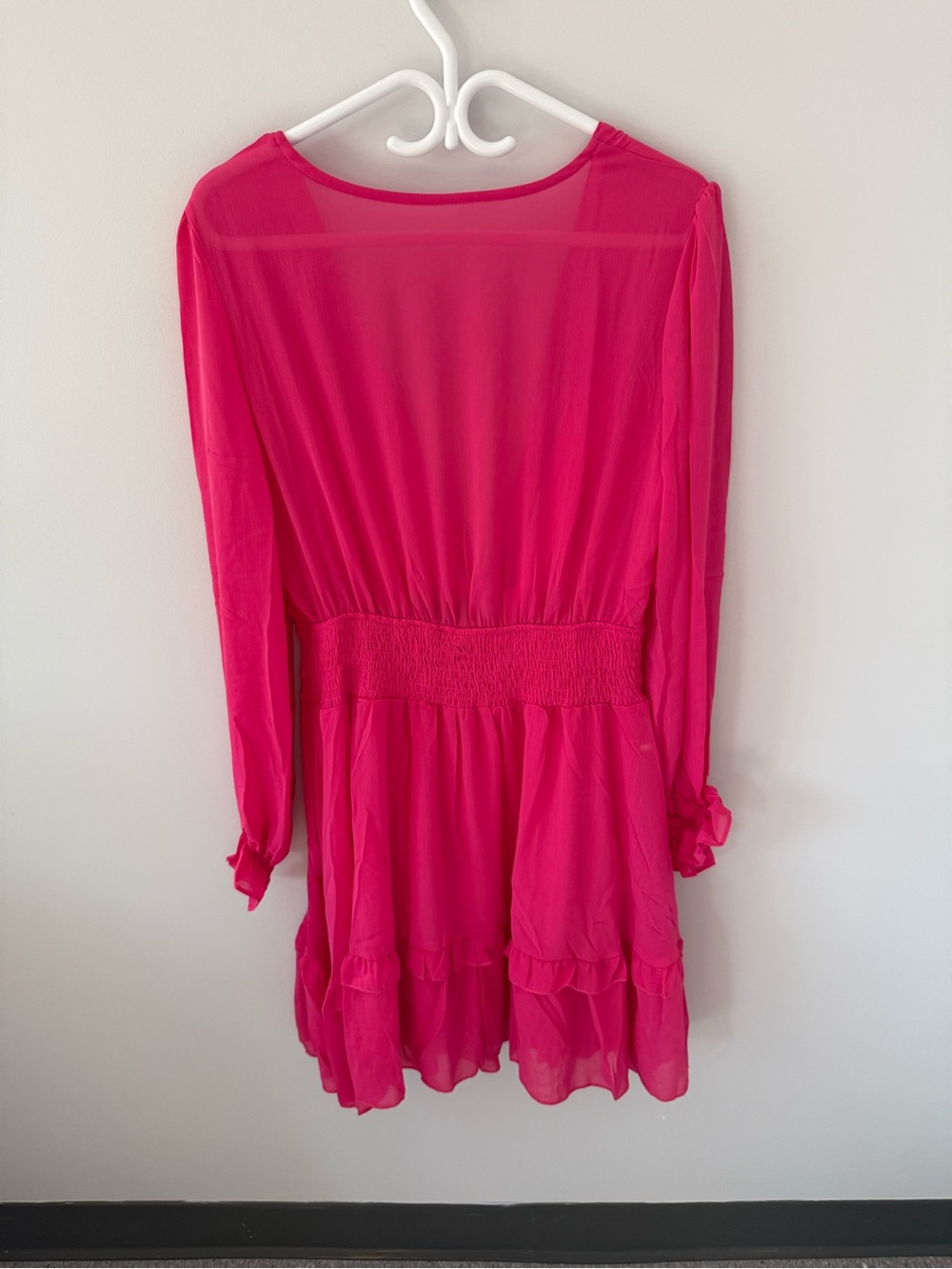 Bright Pink Long-Sleeve Midi Dress with Smocked Waist